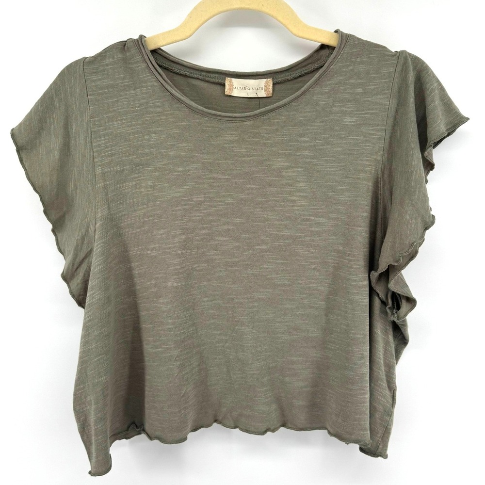 Altar'd State Top Women L Olive Green Flutter Sleeve Boho Crop Boho Cottagecore